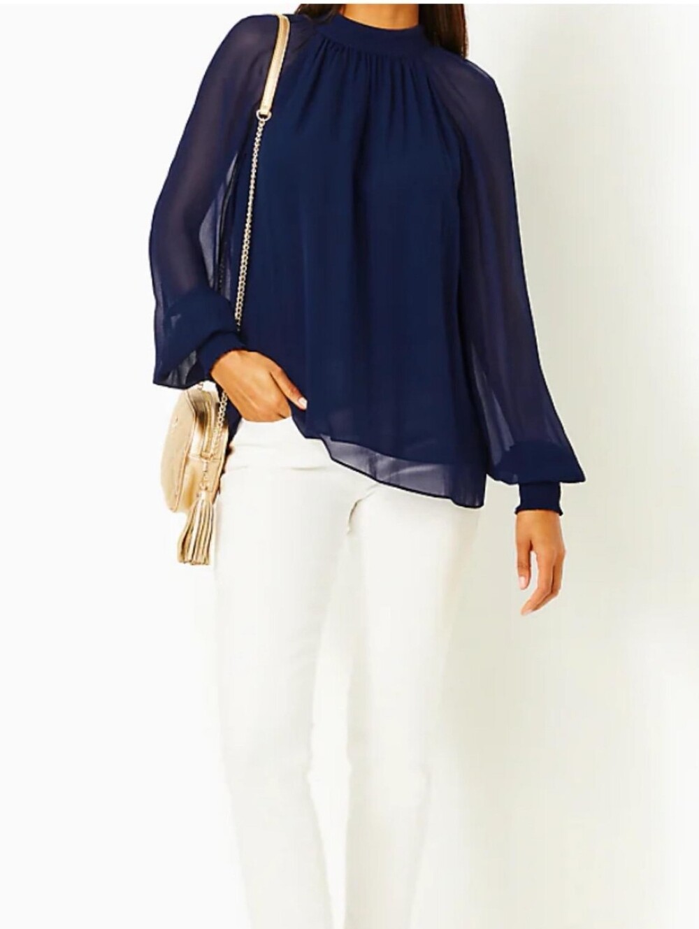LILLY PULITZER ELLIELYNN SHEER LONG SLEEVE LOW TIDE NAVY BLOUSE TOP SIZE 12 NWT